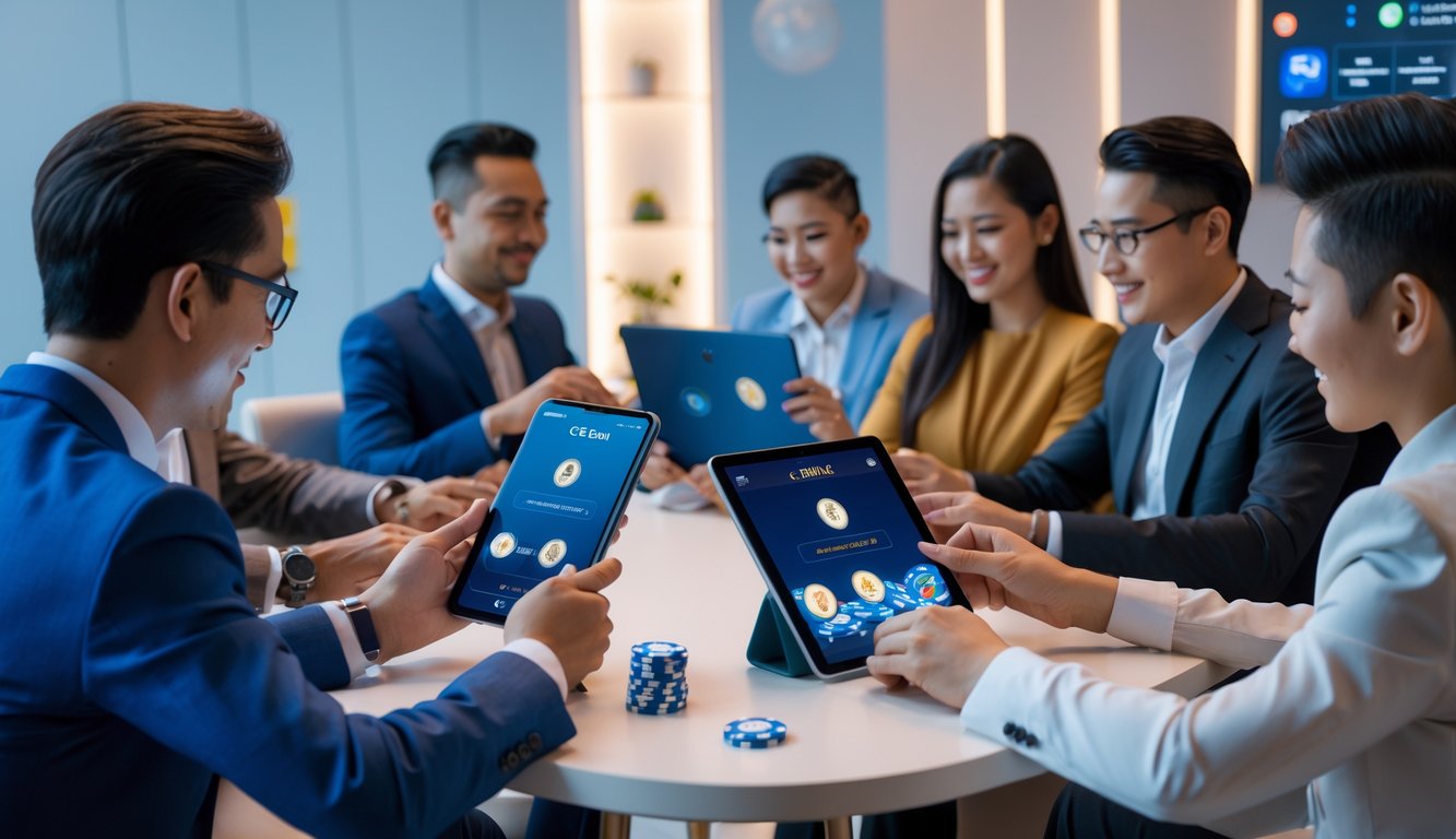 Orang-orang bermain permainan Ceme secara online menggunakan perangkat digital dalam ruangan modern yang nyaman dan terang.