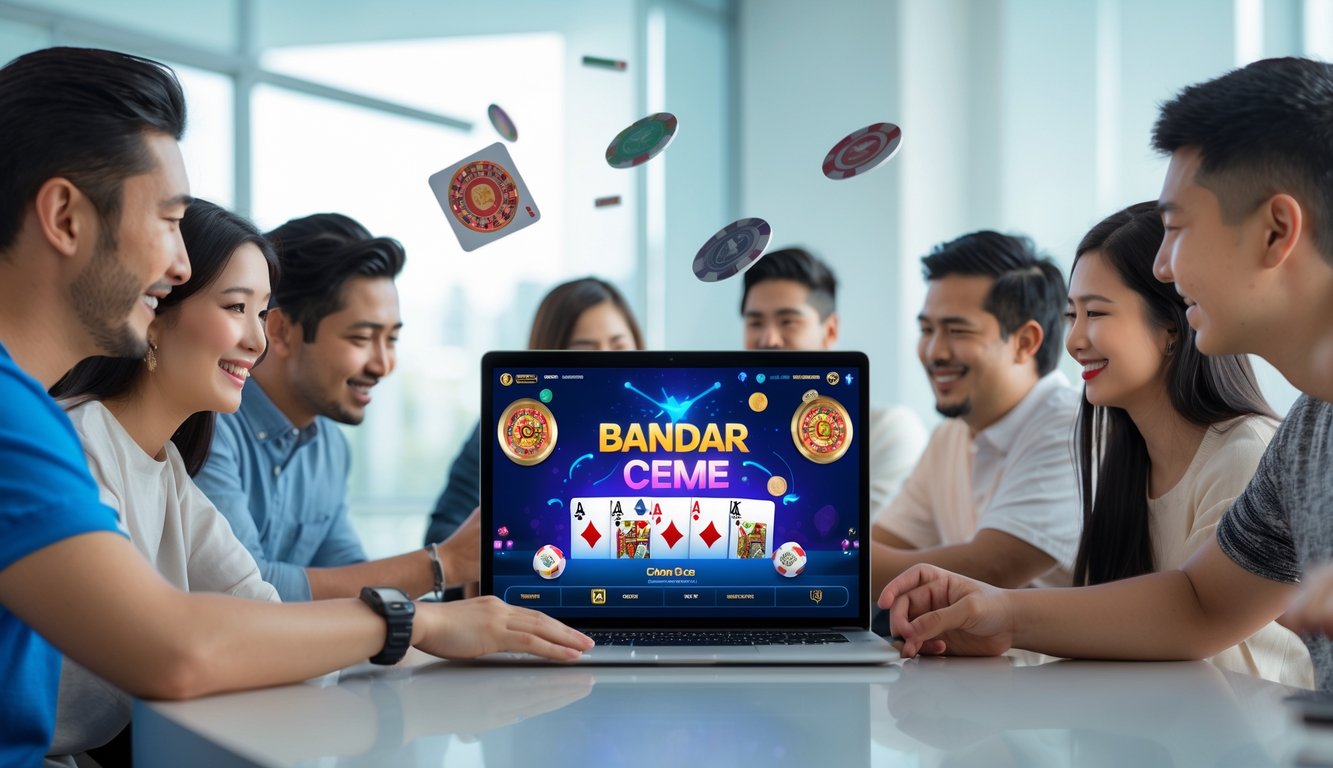 Beberapa orang bermain permainan Bandar Ceme online di laptop di ruang kerja modern.