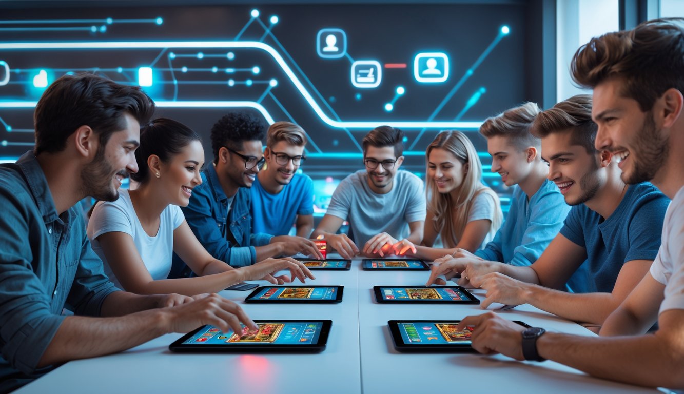 Sekelompok orang muda bermain permainan kartu online di meja dengan laptop dan tablet.