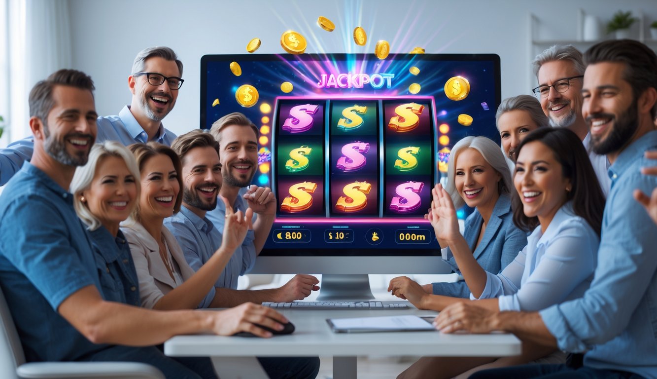 Sekelompok orang bahagia berkumpul di depan layar komputer yang menampilkan permainan jackpot online dengan simbol koin dan lampu warna-warni.
