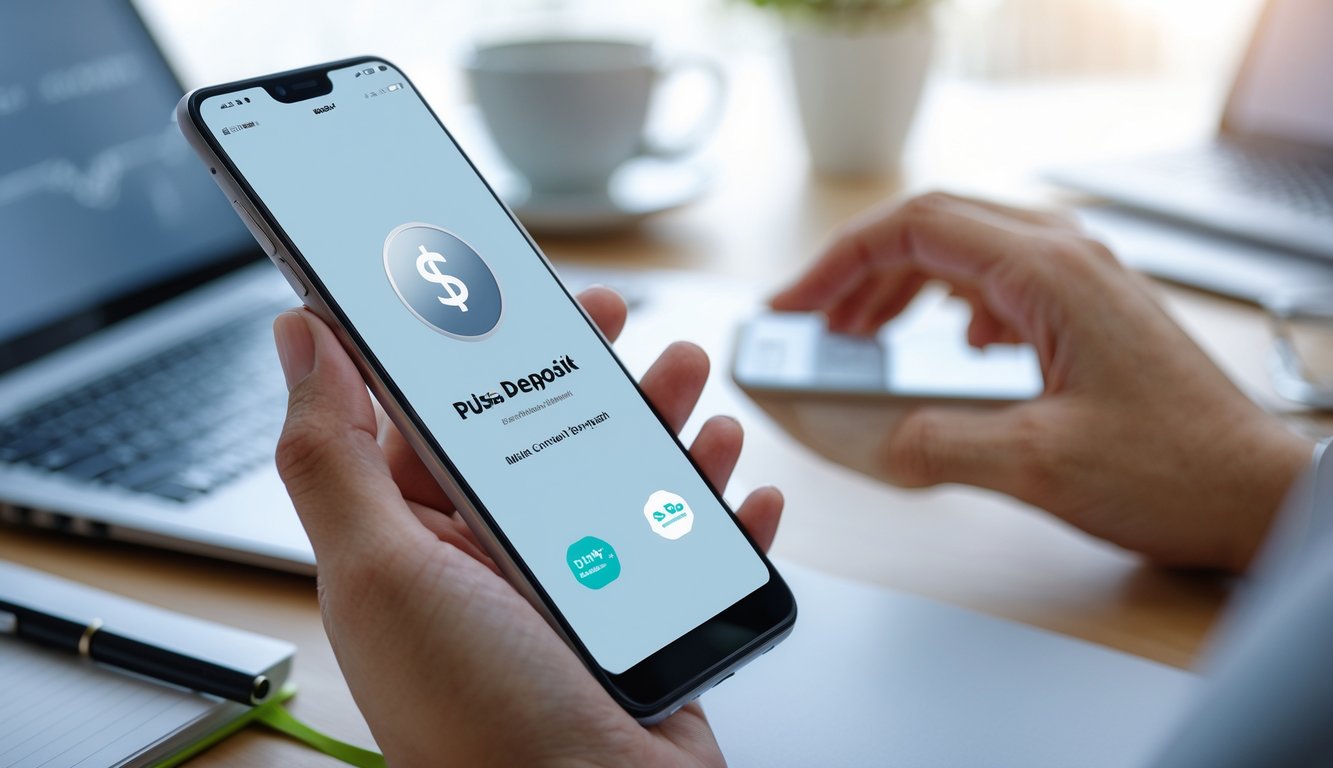 Tangan seseorang memegang ponsel dengan layar aplikasi pembayaran pulsa online di meja kerja dengan latar belakang alat tulis dan kopi.