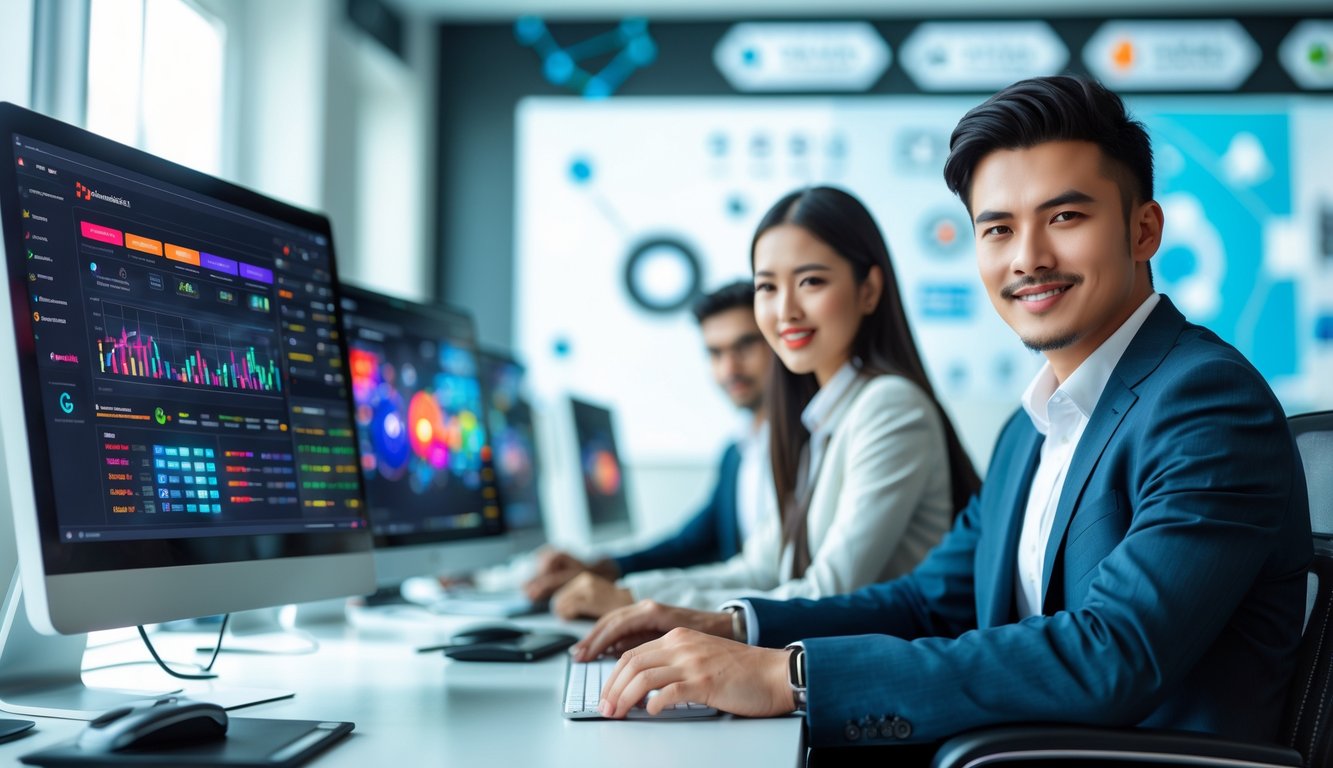 Dua orang profesional sedang bekerja di depan komputer dengan tampilan permainan online di layar dalam suasana kantor modern.