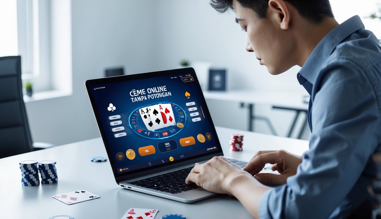Seseorang sedang menggunakan laptop untuk bermain permainan kartu online di meja kerja yang rapi.