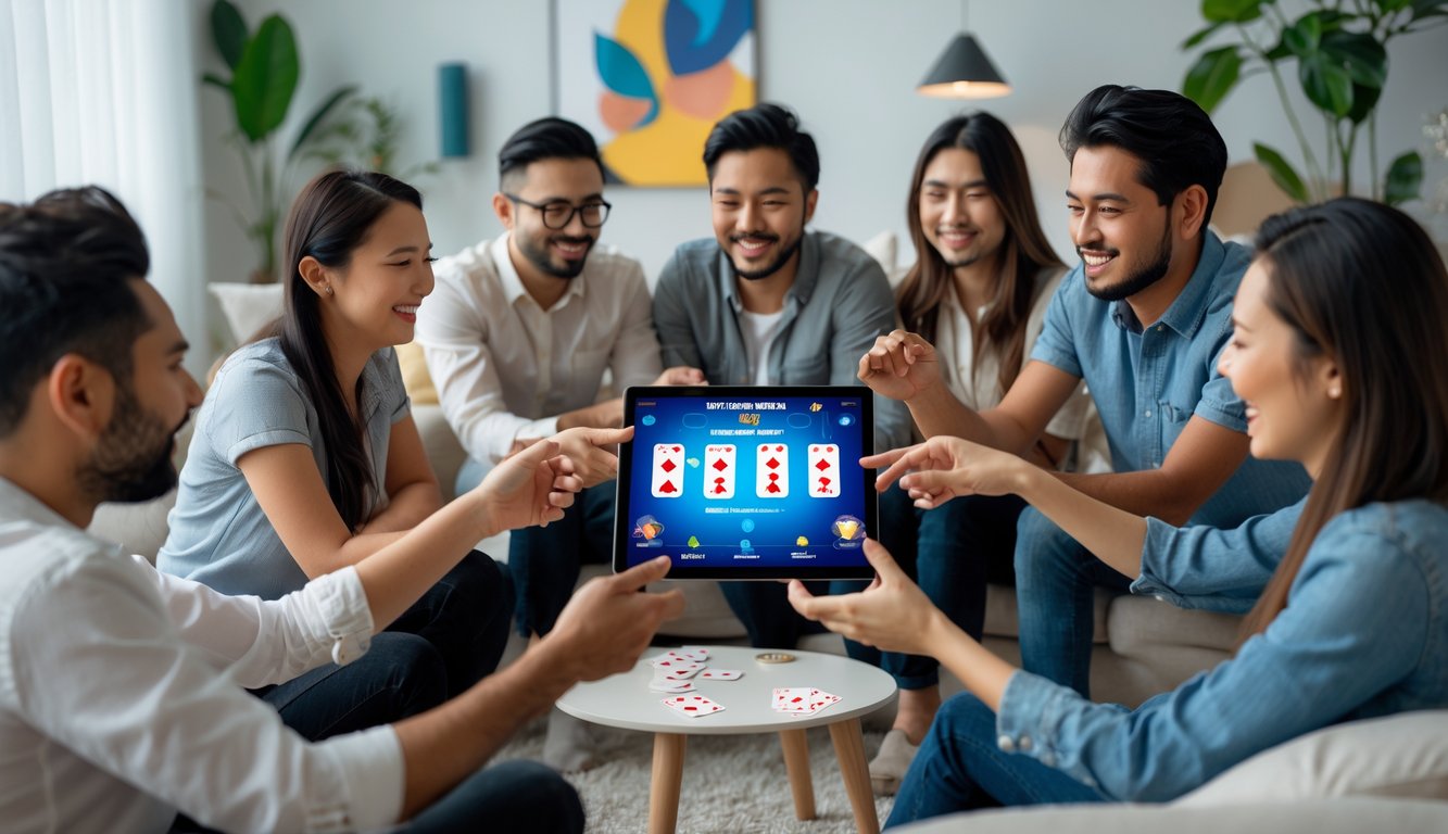 Sekelompok orang bermain permainan kartu online di ruang tamu yang nyaman dengan perangkat digital.