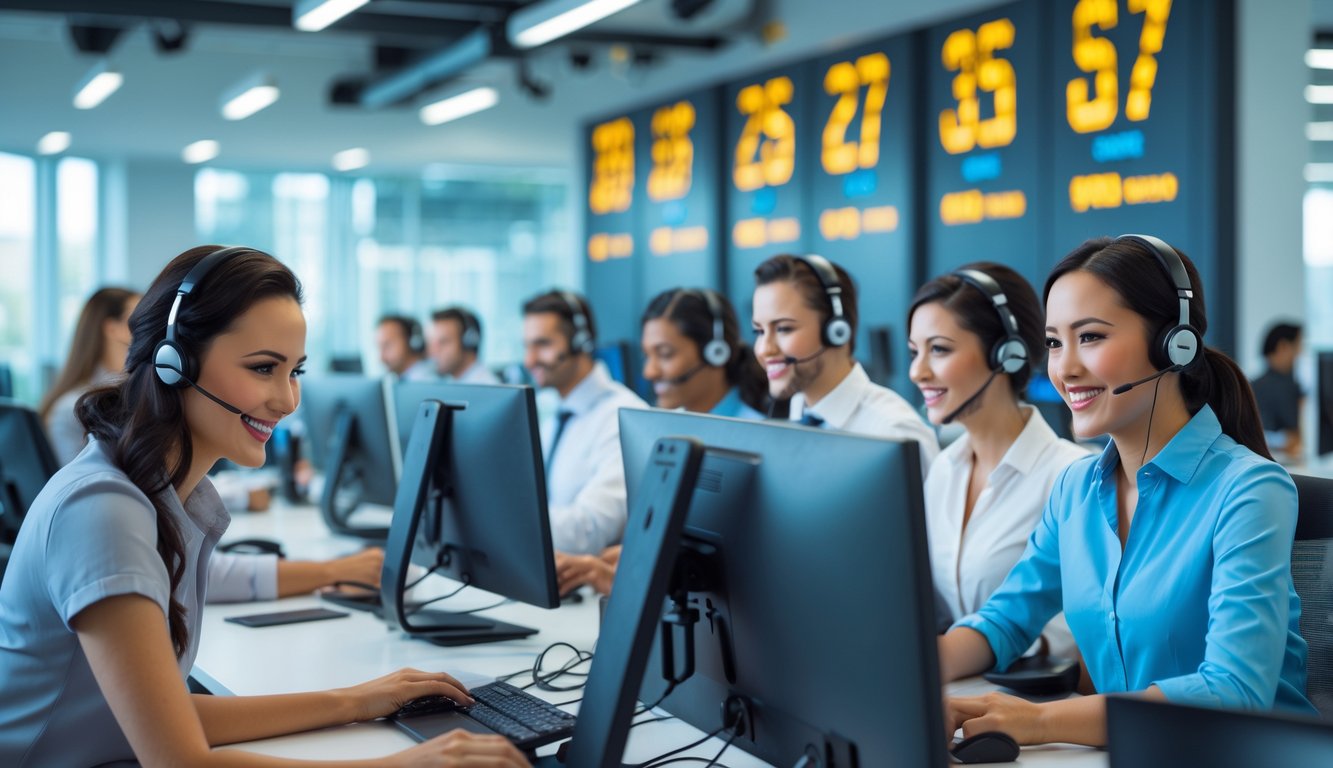 Sejumlah petugas layanan pelanggan sedang bekerja dengan headset di pusat panggilan yang modern dan terang.