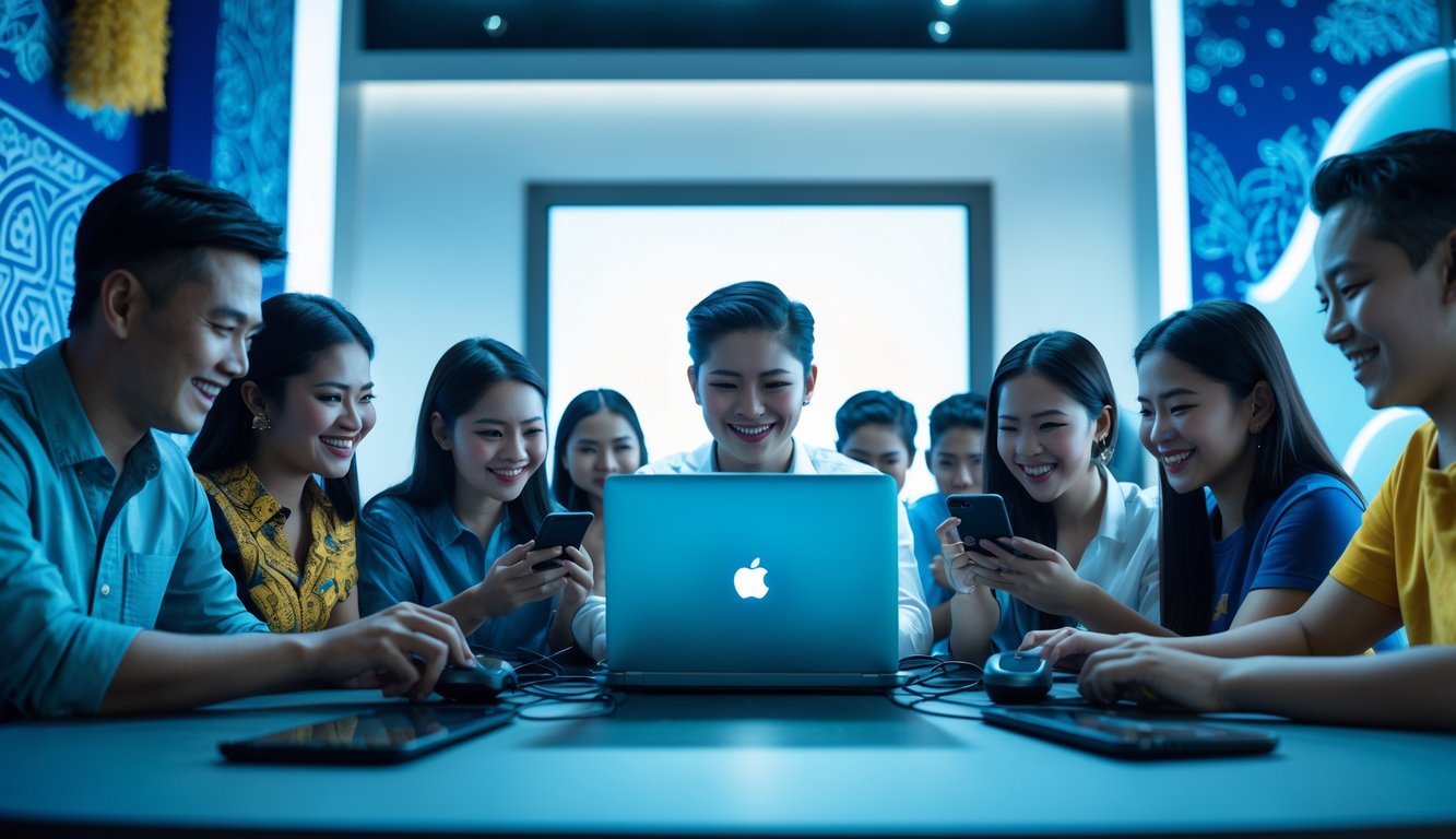 Sekelompok orang menggunakan perangkat digital dengan latar belakang motif tradisional Indonesia, menunjukkan suasana permainan online yang terpercaya.