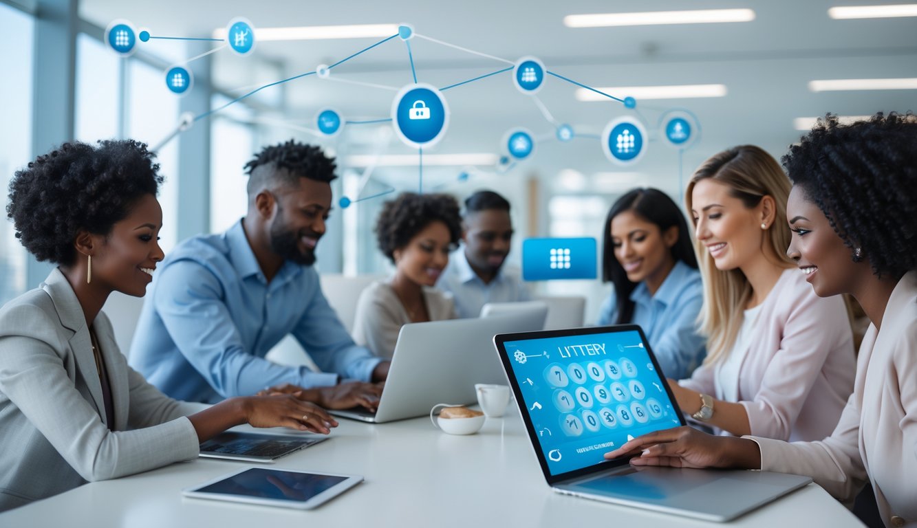 Orang-orang menggunakan perangkat digital di kantor terang yang modern, menunjukkan aktivitas bermain togel online dengan suasana yang aman dan terpercaya.