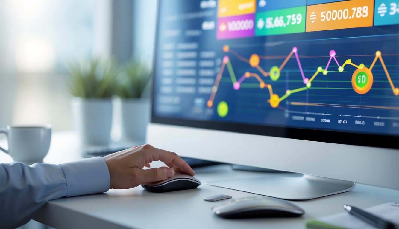 Meja kantor modern dengan komputer yang menampilkan grafik dan angka terkait lotere, tangan seseorang menggunakan mouse di sampingnya.