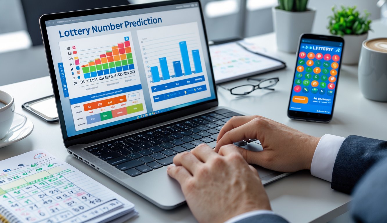 Sebuah ruang kerja modern dengan laptop, tangan mengetik, buku catatan dengan angka, dan ponsel menampilkan aplikasi lotere.
