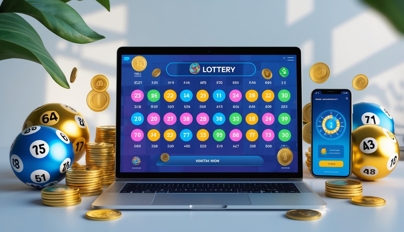 Meja kerja modern dengan laptop menampilkan antarmuka digital angka togel dan koin emas di sekitarnya.