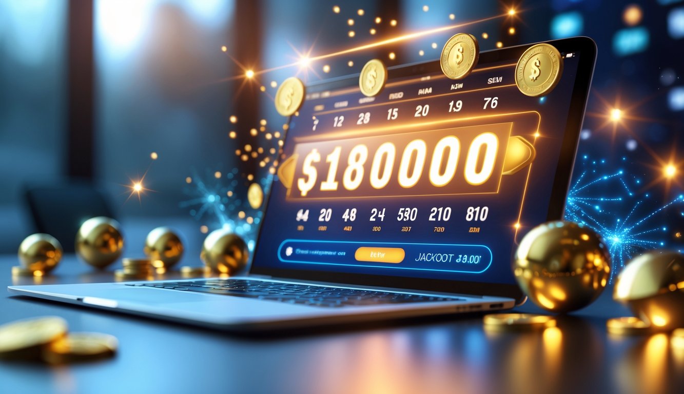 Layar perangkat digital menampilkan angka jackpot besar dengan koin emas dan bola lotere di sekitarnya.