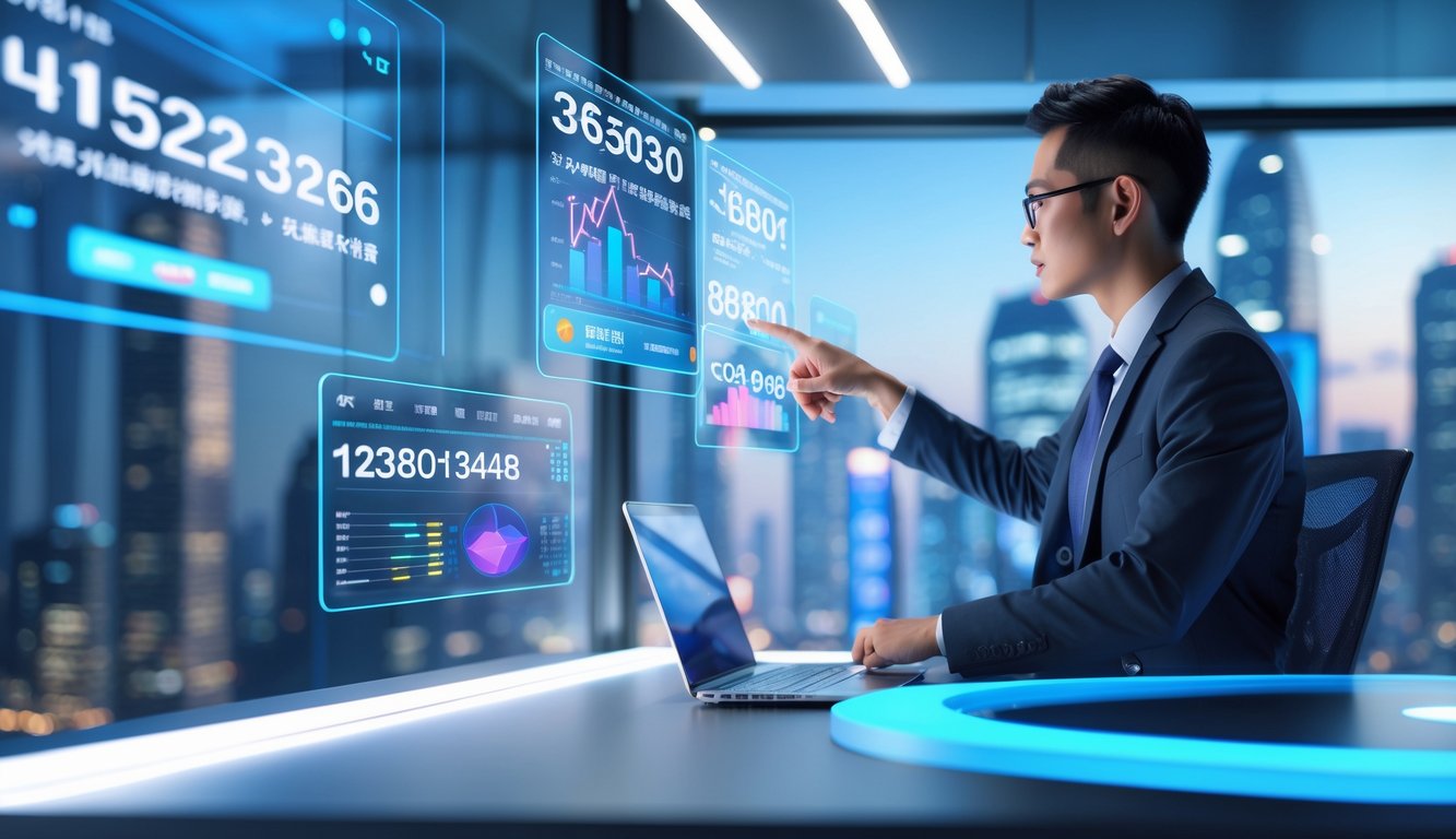 Seorang profesional menggunakan layar digital transparan dengan angka lotere dan grafik di latar kantor modern dengan pemandangan kota Hong Kong.