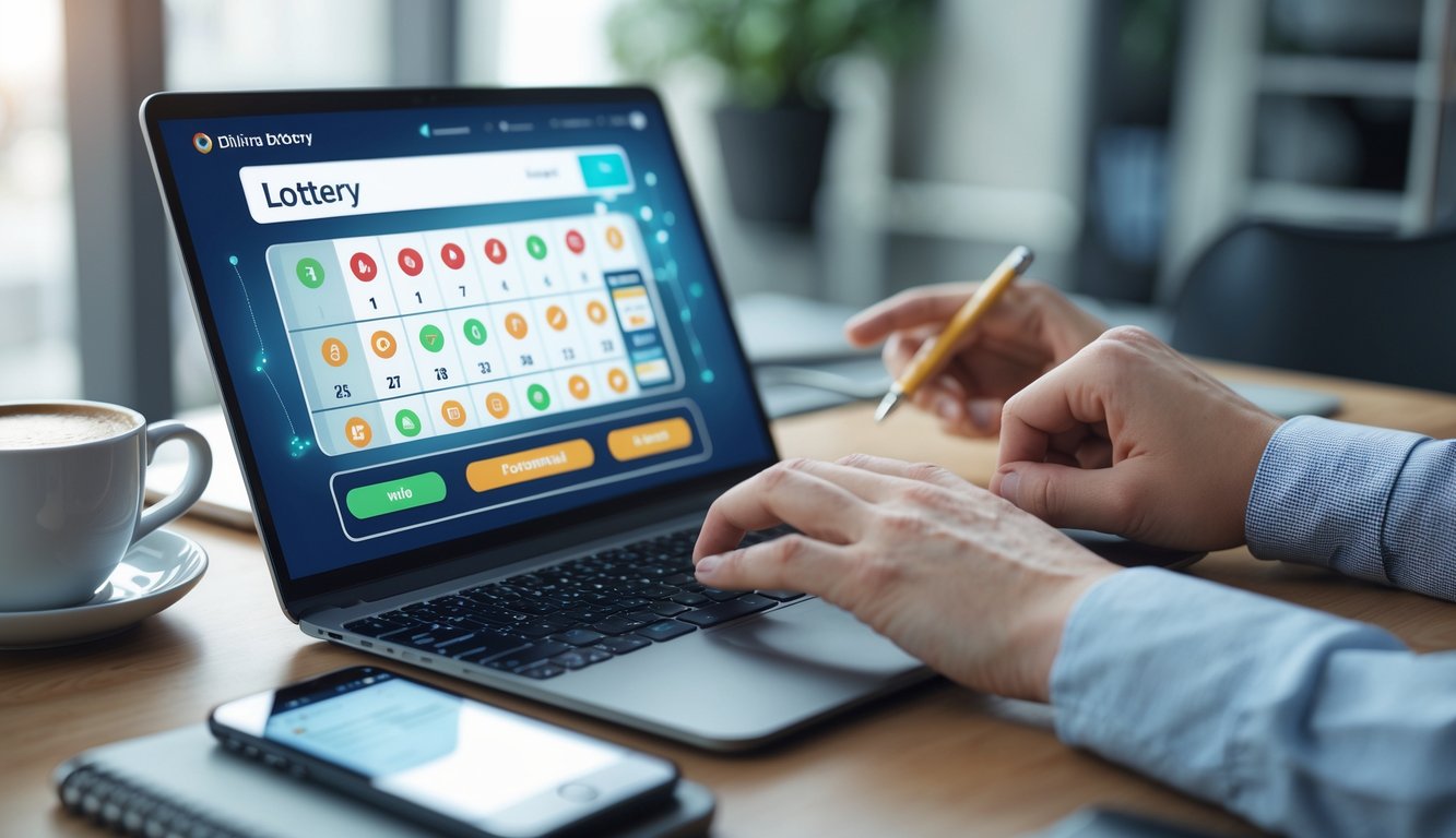 Seorang profesional sedang menggunakan laptop dengan tampilan angka dan grafik lotere online di meja kerja yang rapi.