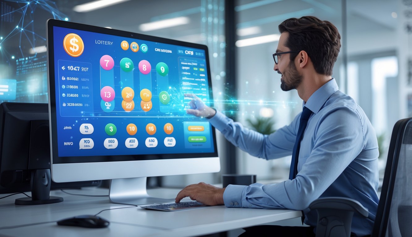 Orang di kantor modern sedang menggunakan komputer dengan tampilan situs togel online di layar.