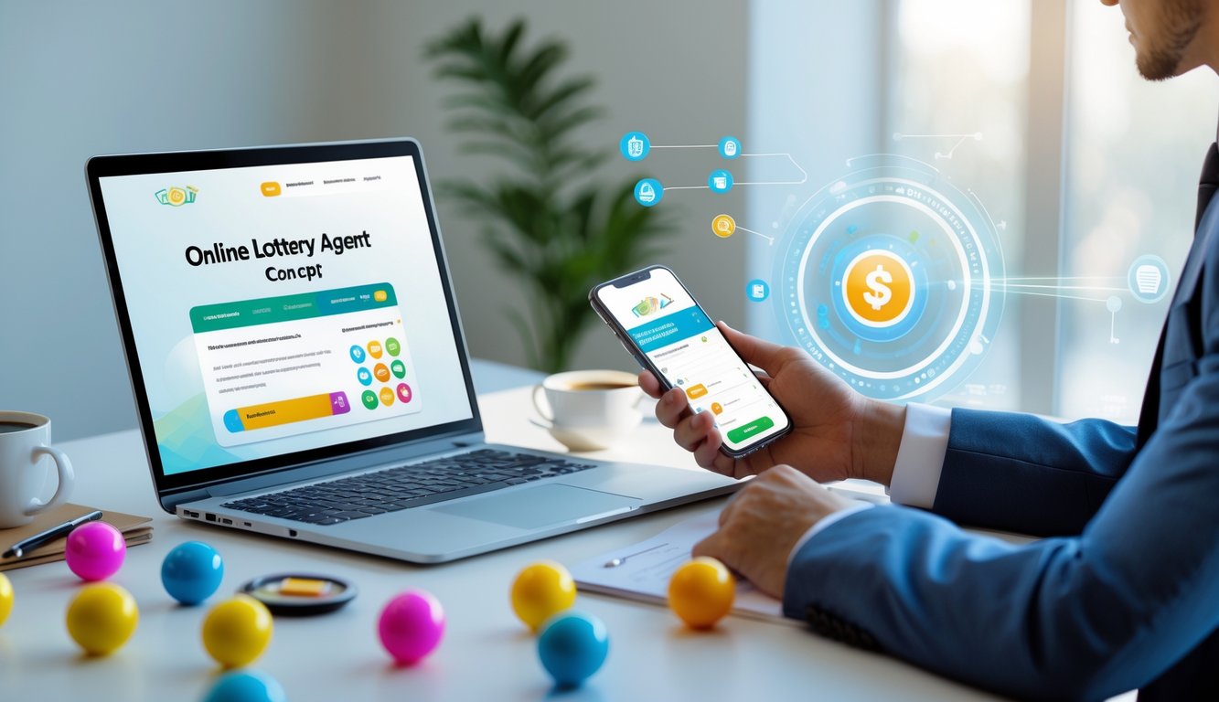 Seorang profesional menggunakan laptop dan ponsel di meja kerja dengan bola lotere berwarna-warni di sekitarnya.