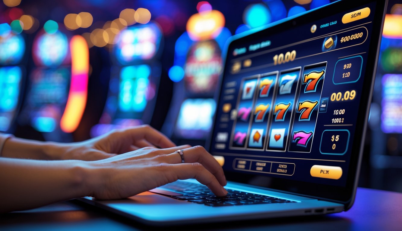 Seseorang menggunakan laptop atau ponsel dengan tampilan permainan slot online yang cerah dan menarik, di latar belakang suasana kasino digital yang modern.