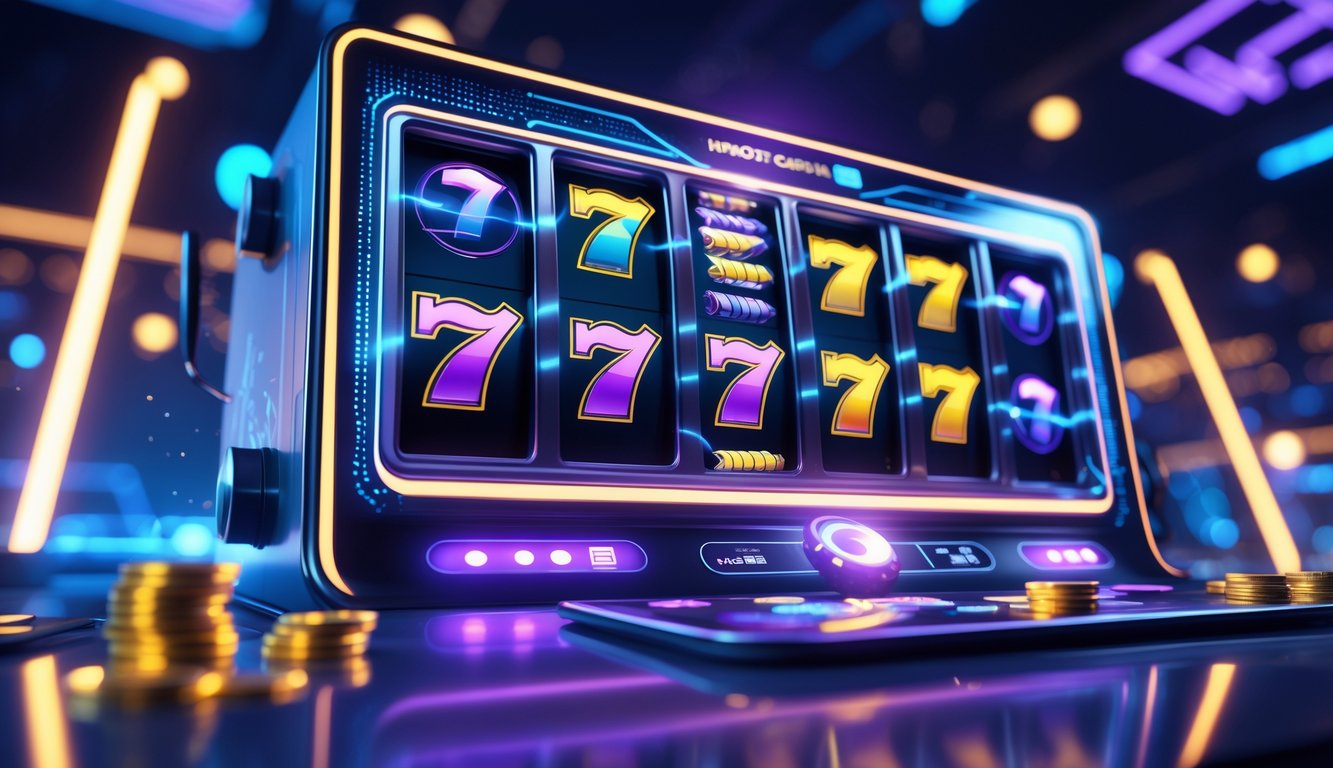 Mesin slot digital modern dengan simbol berwarna cerah berputar dalam suasana gaming futuristik.