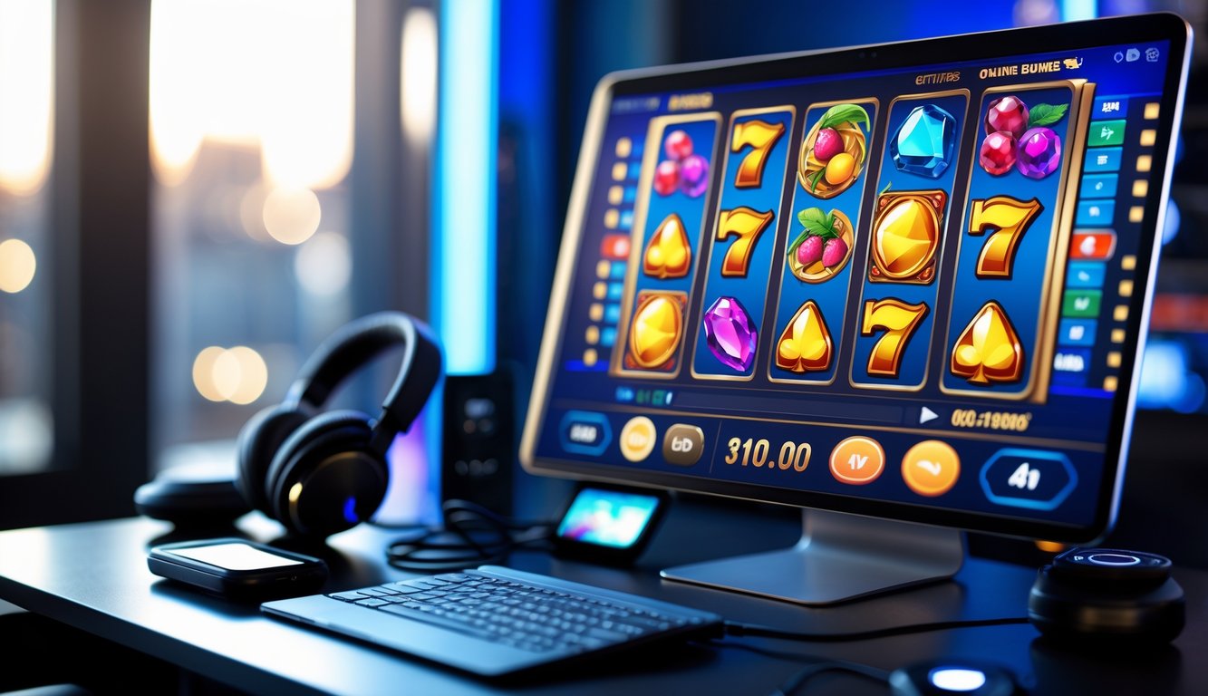 Sebuah meja kerja dengan komputer menampilkan permainan slot online berwarna-warni dan aksesori gaming di sekitarnya.