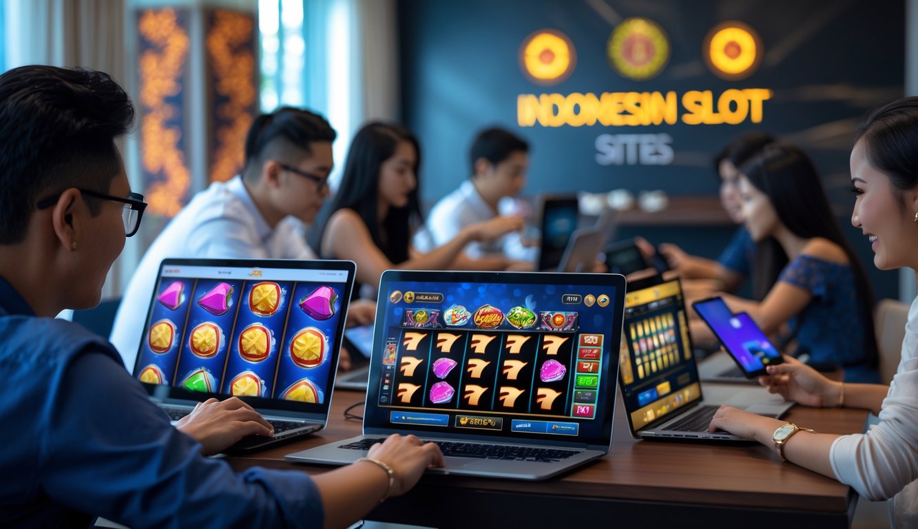 Orang-orang menggunakan perangkat digital dengan permainan slot online di layar dalam ruangan modern dengan elemen budaya Indonesia.
