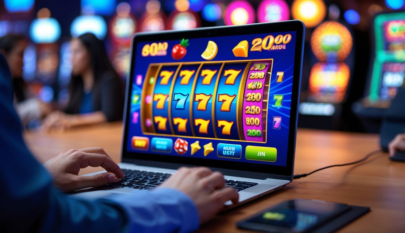 Suasana kasino online dengan layar komputer menampilkan permainan slot yang berwarna-warni dan menarik.