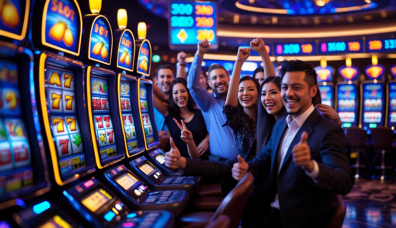 Orang-orang bermain mesin slot progresif di kasino dengan lampu warna-warni dan suasana yang meriah.