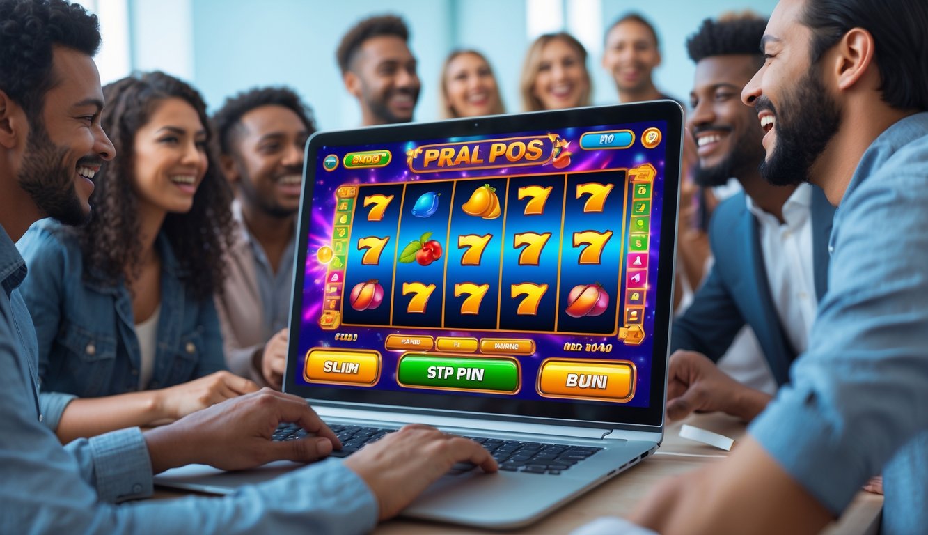 Orang-orang menikmati permainan slot online di depan layar komputer dengan simbol warna-warni dan suasana menyenangkan.