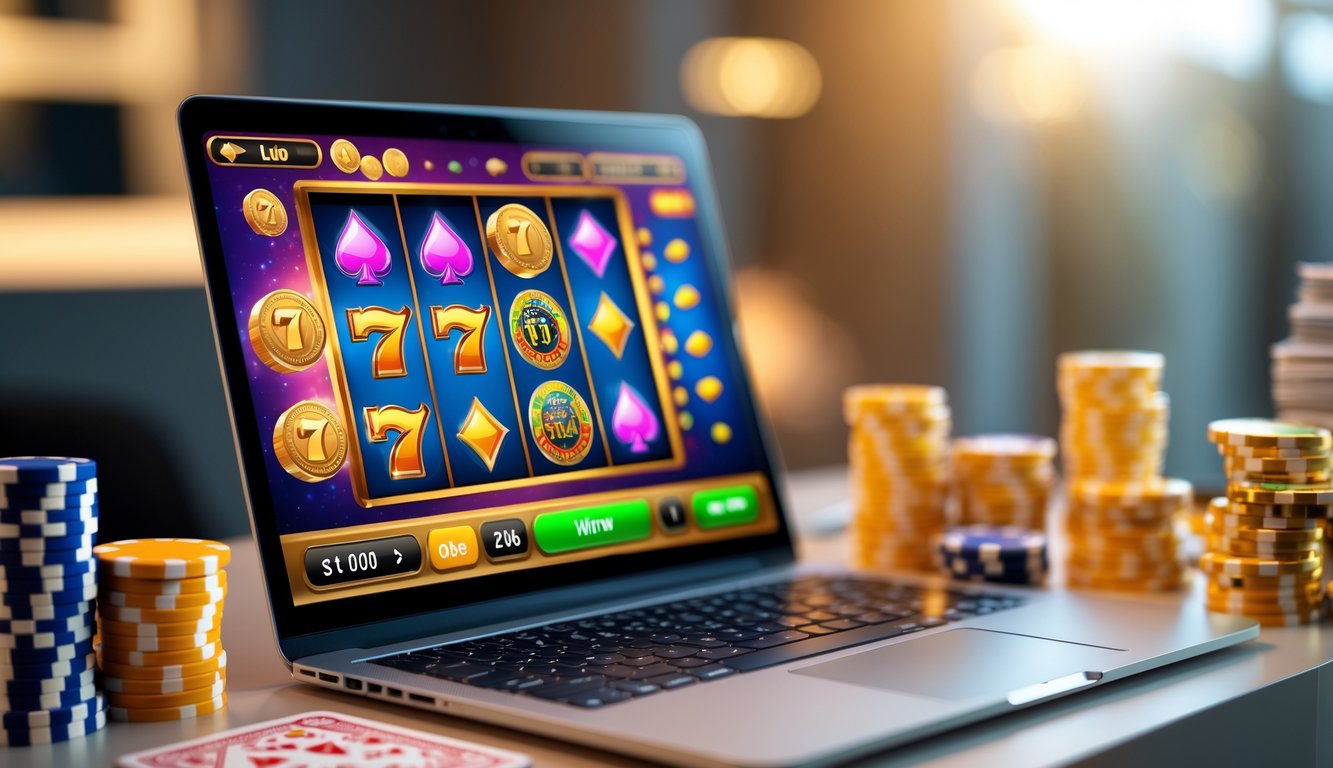 Seorang pemain sedang menggunakan komputer dengan permainan slot online yang berwarna-warni dan simbol kemenangan di layar, di meja terdapat chip poker dan uang tunai.
