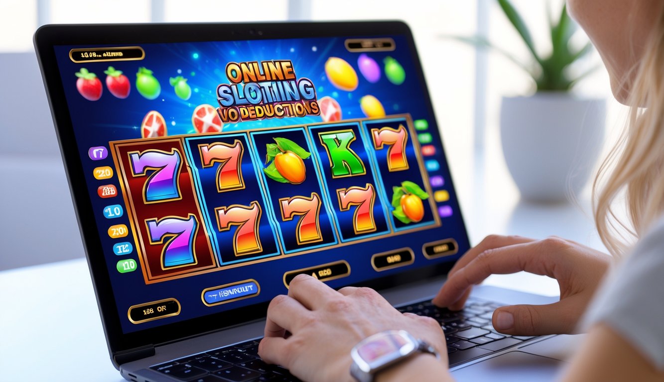 Seseorang bermain permainan slot online di komputer dengan tampilan layar penuh simbol slot yang berwarna-warni.