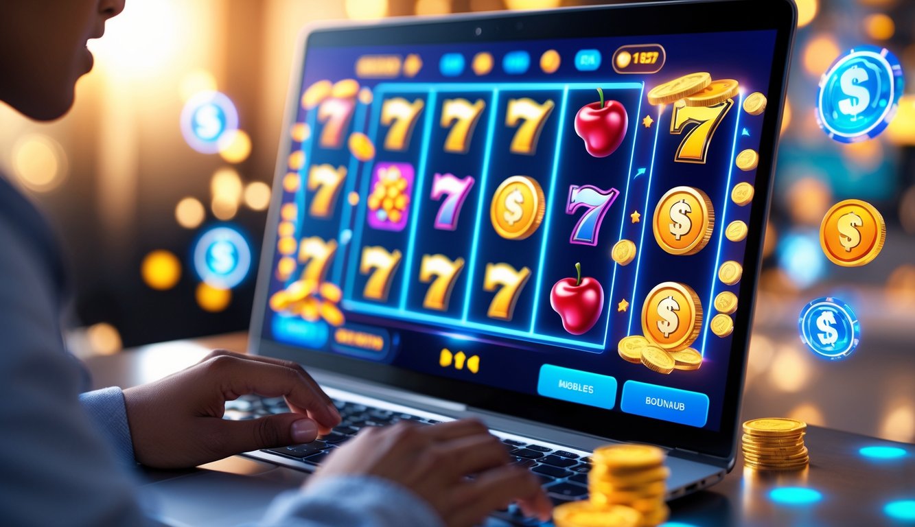Seseorang menggunakan komputer dengan layar menampilkan permainan mesin slot yang berwarna-warni dan ikon bonus, menggambarkan suasana kasino online yang menarik untuk anggota baru.