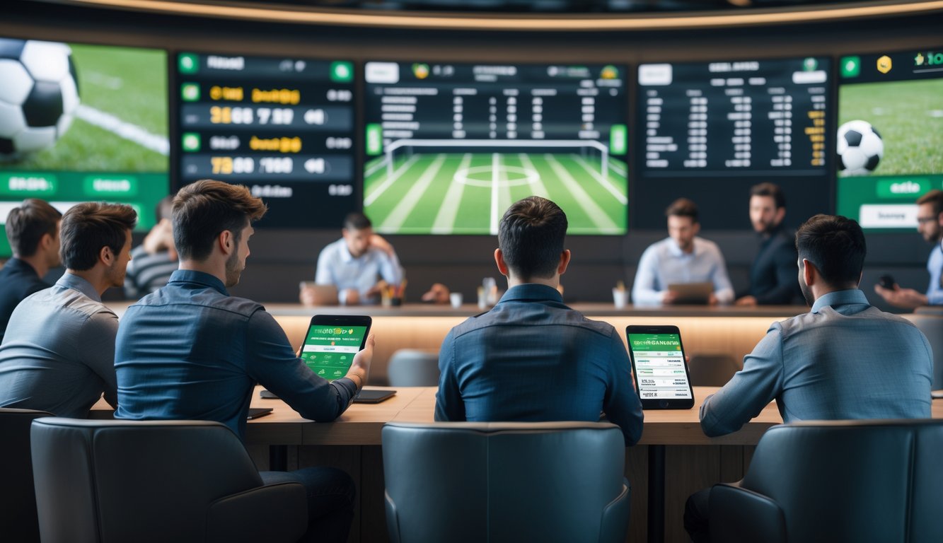 Beberapa orang sedang melihat layar besar yang menampilkan pertandingan sepak bola dan statistik taruhan di ruang taruhan olahraga yang modern.