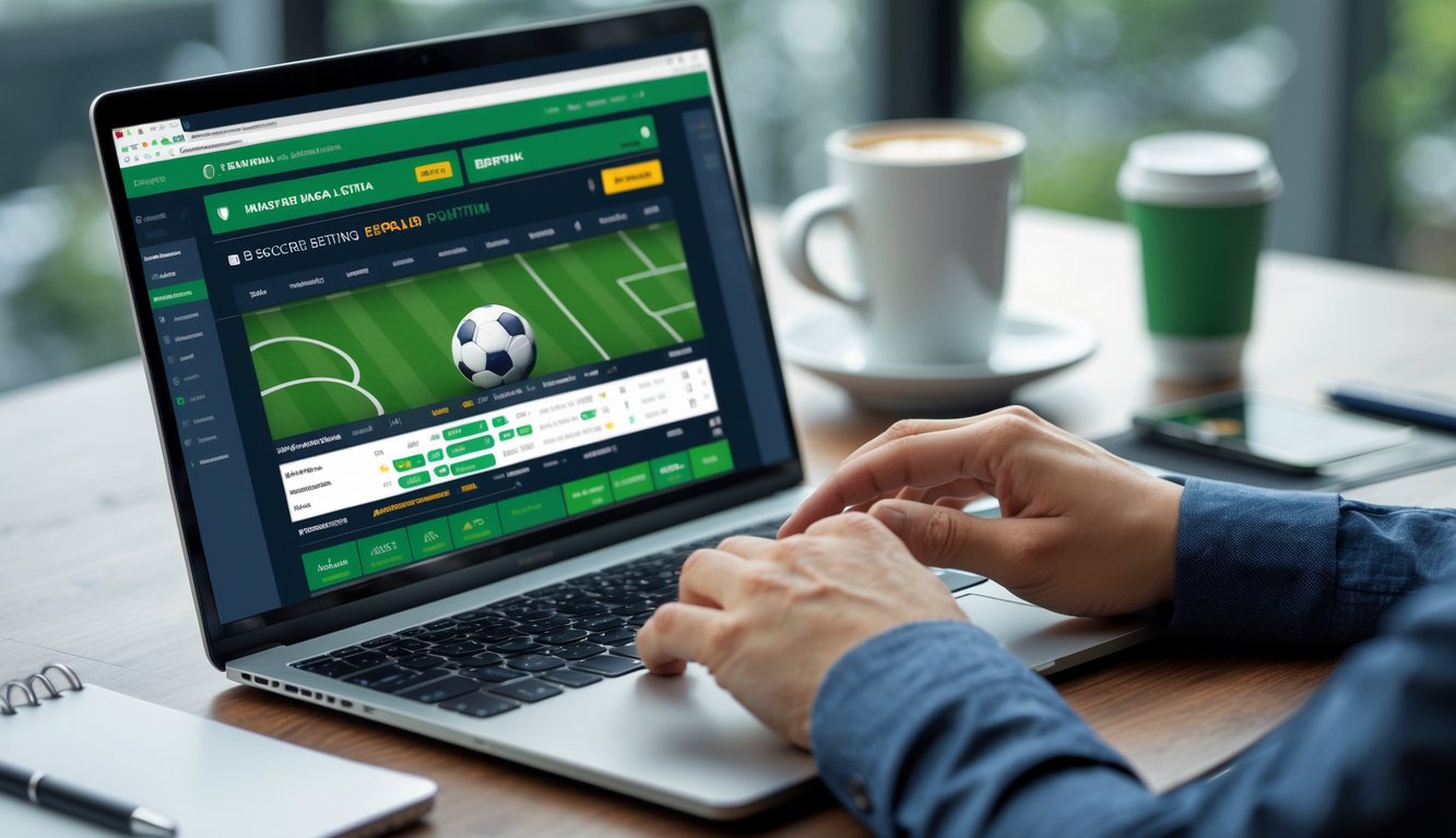 Seseorang menggunakan laptop untuk memasang taruhan sepak bola online di meja kerja dengan ponsel dan kopi di sampingnya.