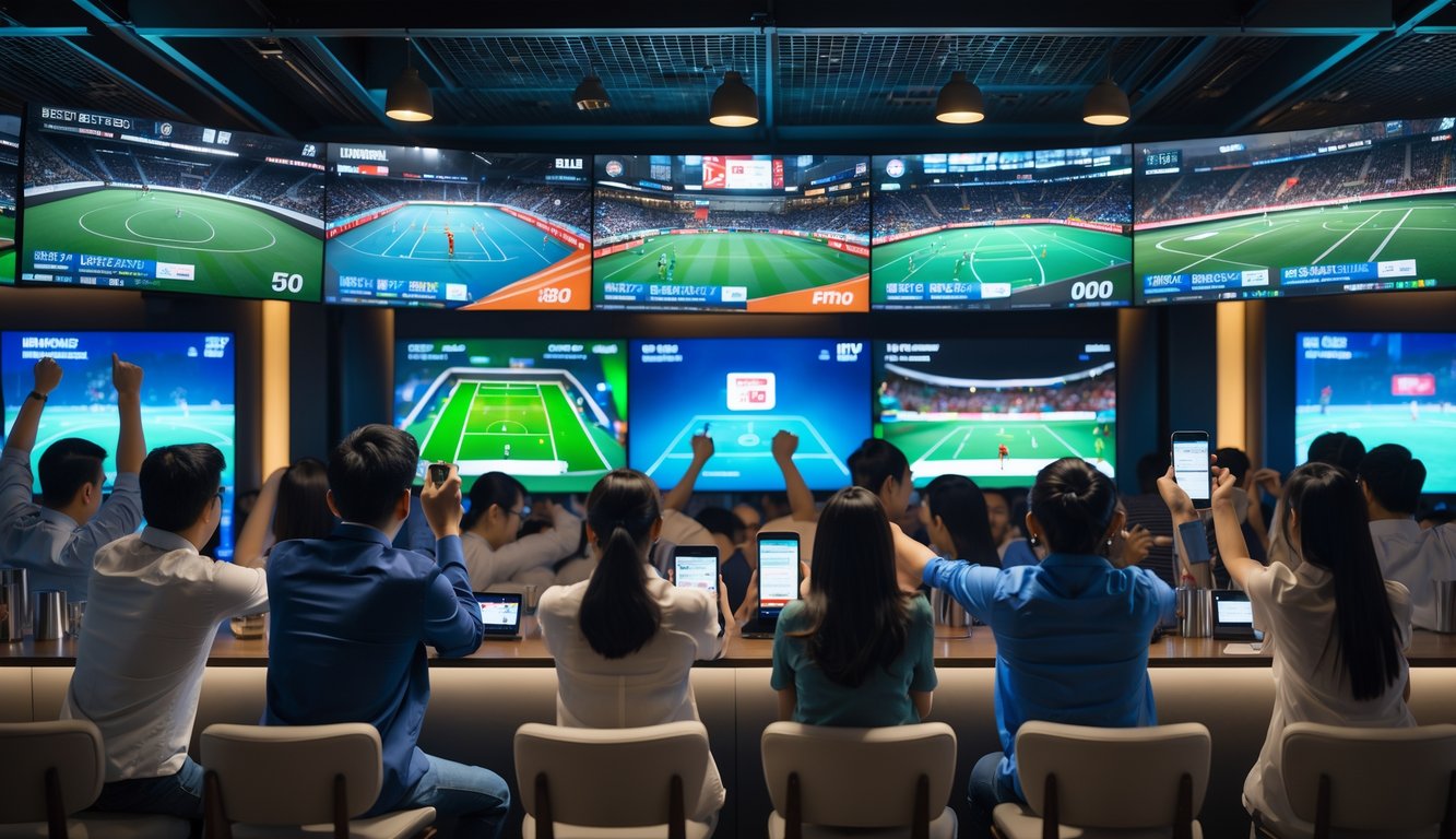 Sekelompok orang menonton pertandingan olahraga Asia di layar besar sambil menggunakan perangkat untuk bertaruh dalam suasana bar olahraga yang ramai.