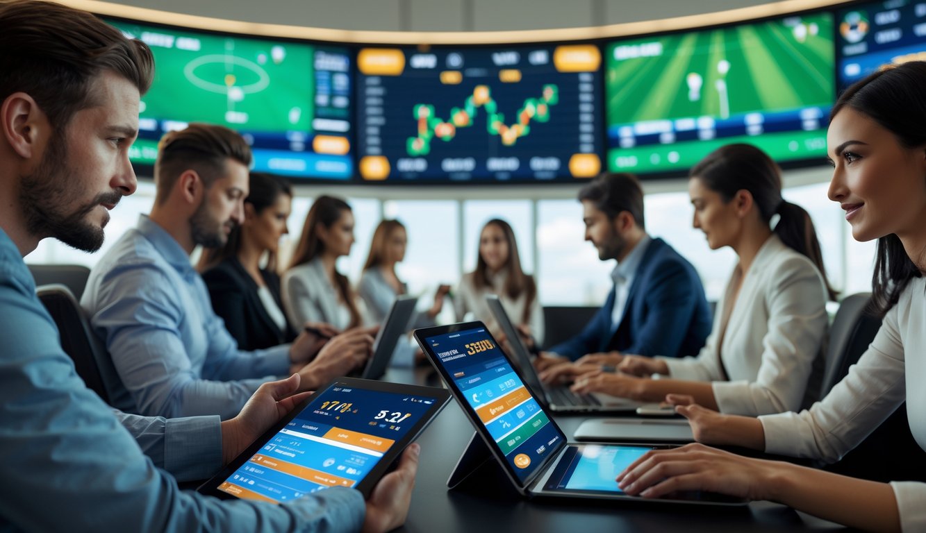 Orang-orang menggunakan perangkat digital untuk memasang taruhan olahraga resmi di ruang modern dengan layar besar yang menampilkan pertandingan olahraga.