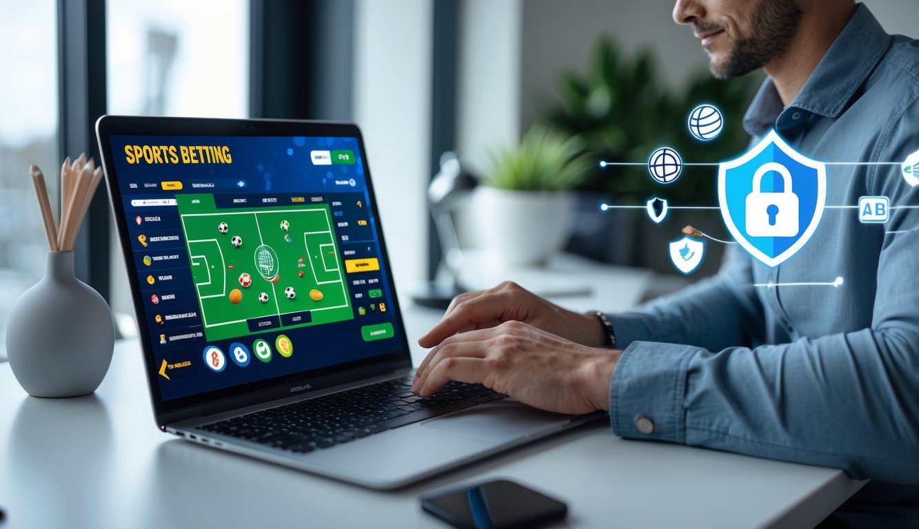 Seseorang menggunakan laptop di meja kerja yang rapi dengan tampilan antarmuka taruhan olahraga online yang aman.
