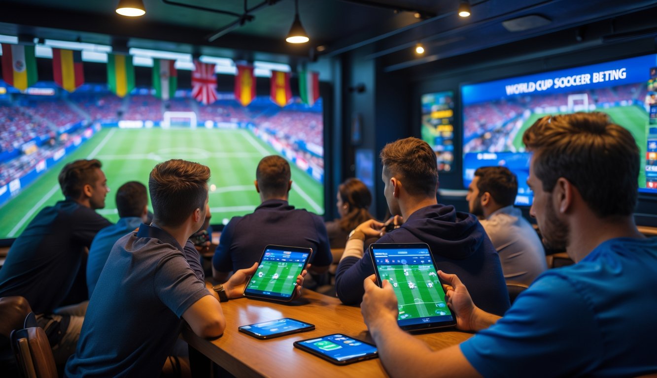 Orang-orang menonton pertandingan sepak bola Piala Dunia di bar sambil menggunakan perangkat digital untuk memasang taruhan.