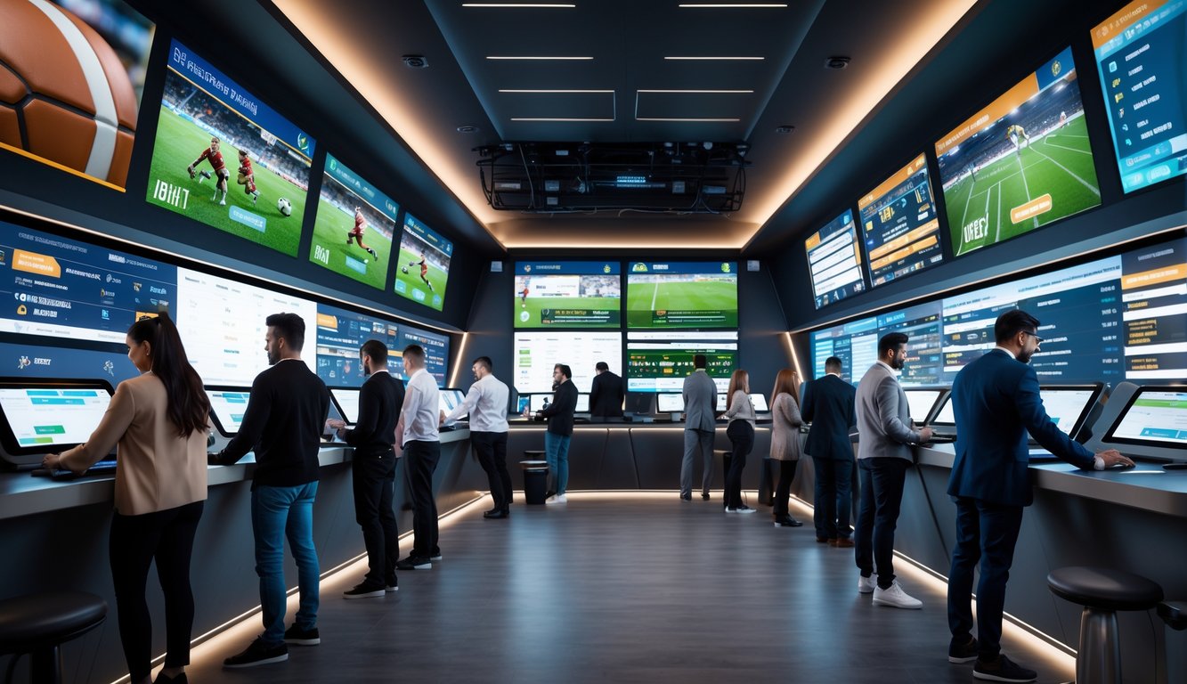 Sejumlah orang sedang menggunakan layar digital besar untuk bertaruh pada berbagai pertandingan olahraga di sebuah ruang taruhan modern.