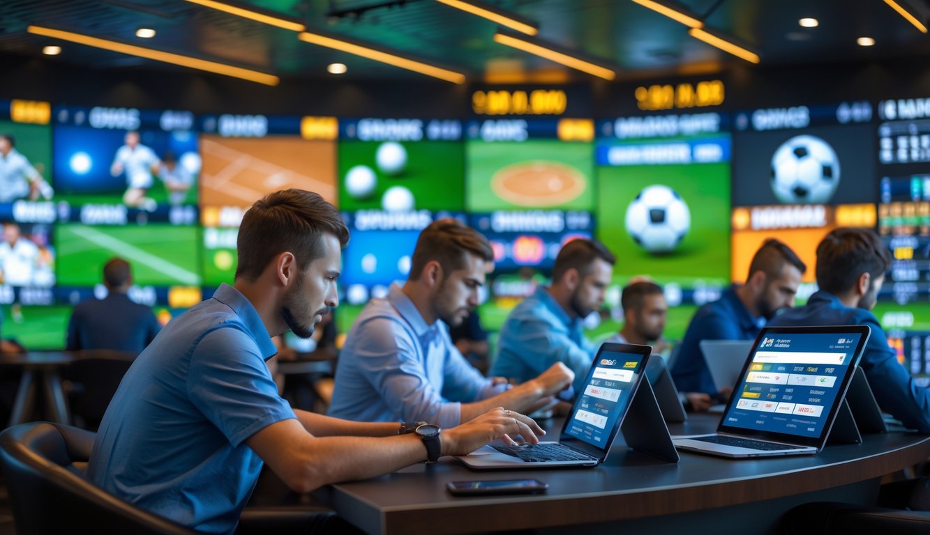 Orang-orang sedang memasang taruhan olahraga di ruang taruhan modern dengan layar besar menampilkan berbagai pertandingan olahraga.