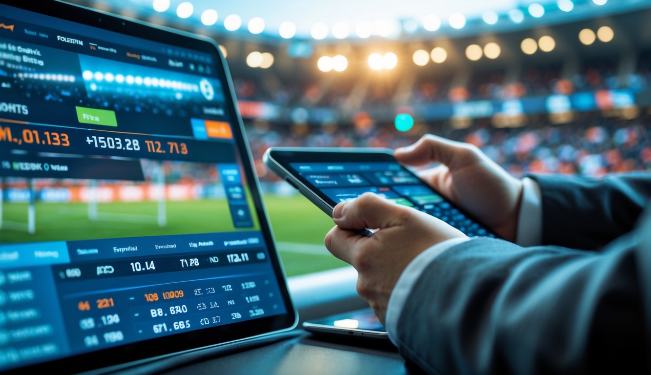 Seseorang memegang tablet dengan tampilan taruhan sepak bola di latar belakang stadion sepak bola yang terang dan ramai.