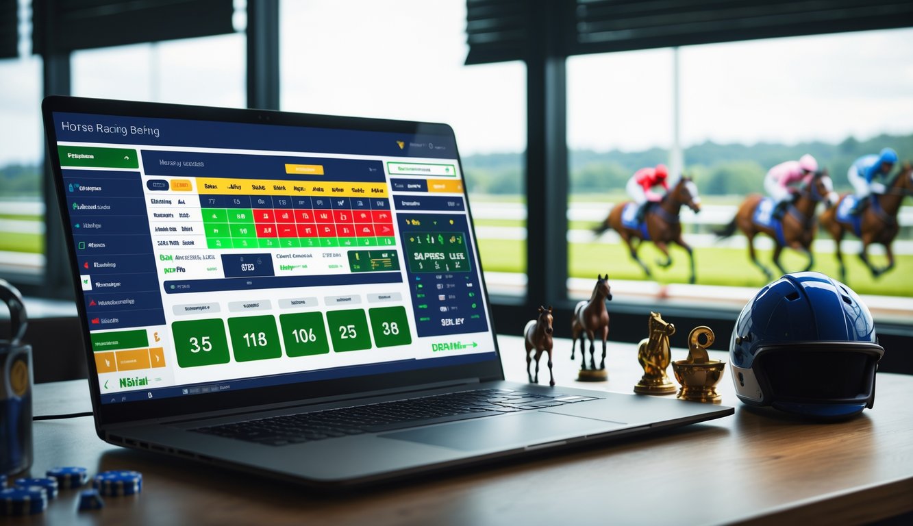 Seorang pengguna di depan laptop dengan tampilan taruhan balap kuda online, latar belakang menunjukkan kuda berlari di arena balap.