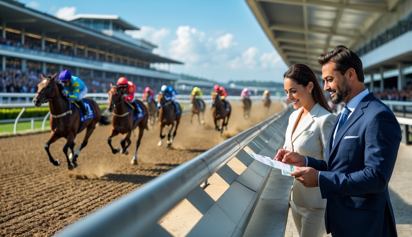 Lomba pacuan kuda dengan joki sedang berlomba dan orang-orang memasang taruhan di arena balap.