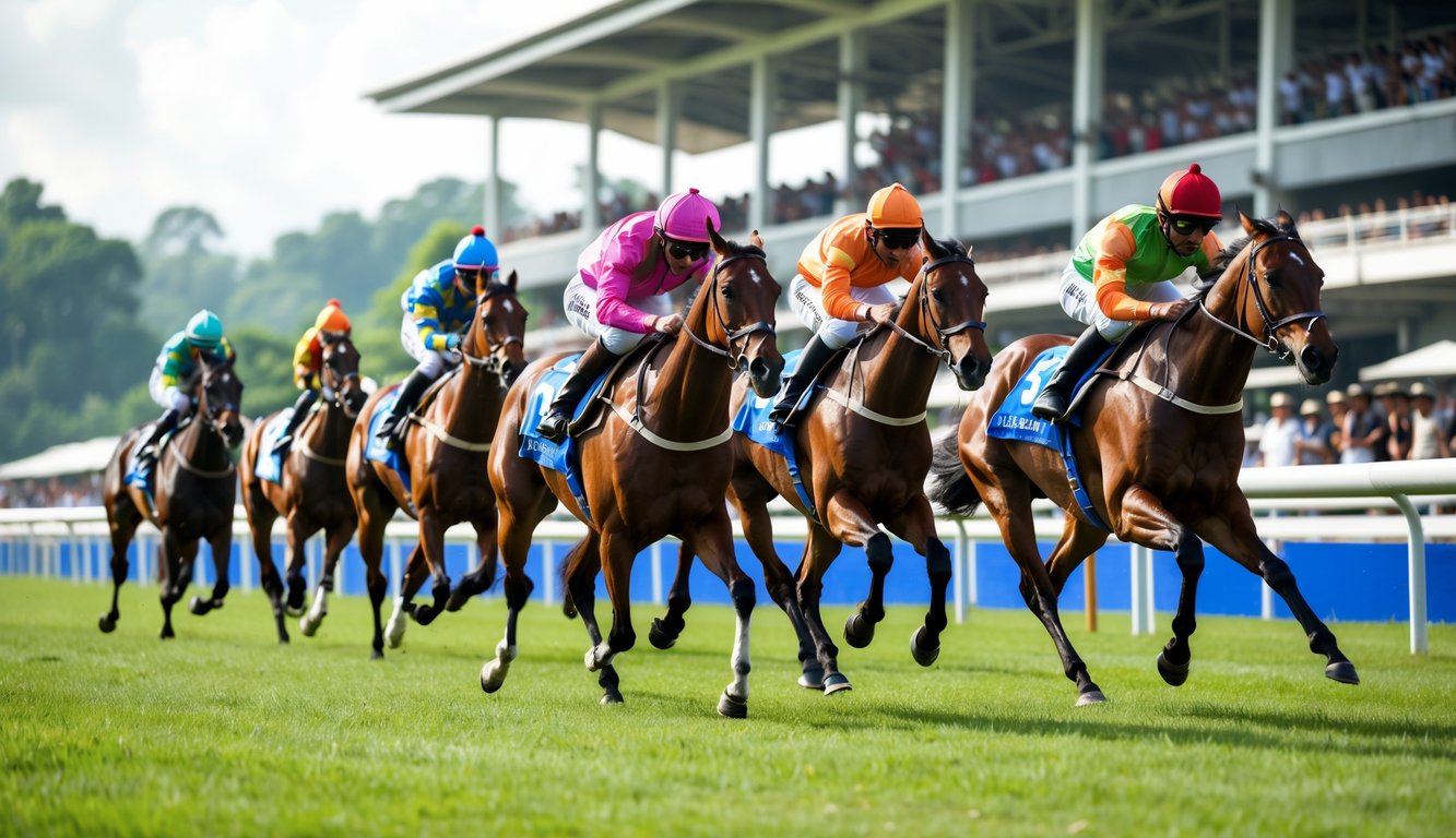 Lomba pacuan kuda dengan beberapa joki menunggangi kuda yang berlari cepat di lintasan, di depan tribun penonton yang ramai.
