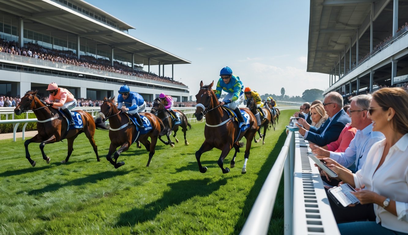 Beberapa orang sedang menonton dan memasang taruhan pada balapan kuda di sebuah arena balap yang ramai.