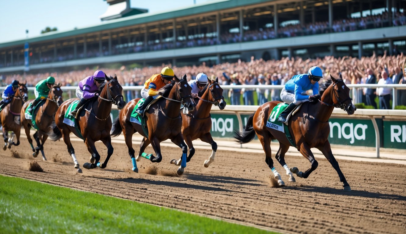 Balapan kuda berlangsung di lintasan dengan joki menunggangi kuda, penonton menyaksikan dari tribun.