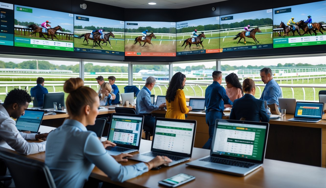 Orang-orang sedang memasang taruhan pada balapan kuda di sebuah kantor taruhan modern dengan layar digital besar dan pemandangan lintasan balap kuda di latar belakang.