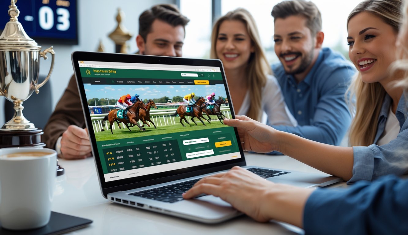 Orang-orang sedang menggunakan laptop untuk bertaruh pada balapan kuda secara online di sebuah meja kerja modern.