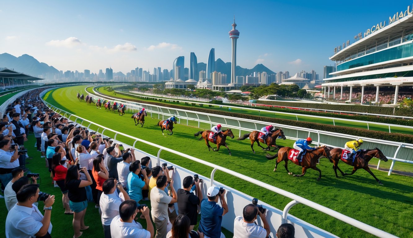 Lomba kuda di lintasan balap Macau dengan penonton di tribun dan latar belakang gedung-gedung kota.