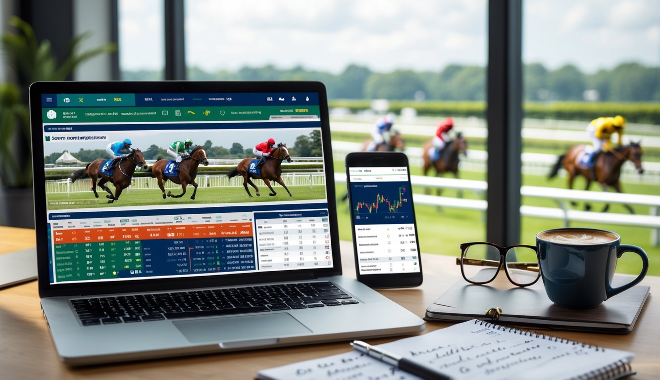 Sebuah ruang kerja modern dengan laptop yang menampilkan statistik balap kuda dan ponsel yang menunjukkan pembaruan balapan secara langsung, dengan latar belakang lintasan balap kuda dan kuda yang sedang berlomba.
