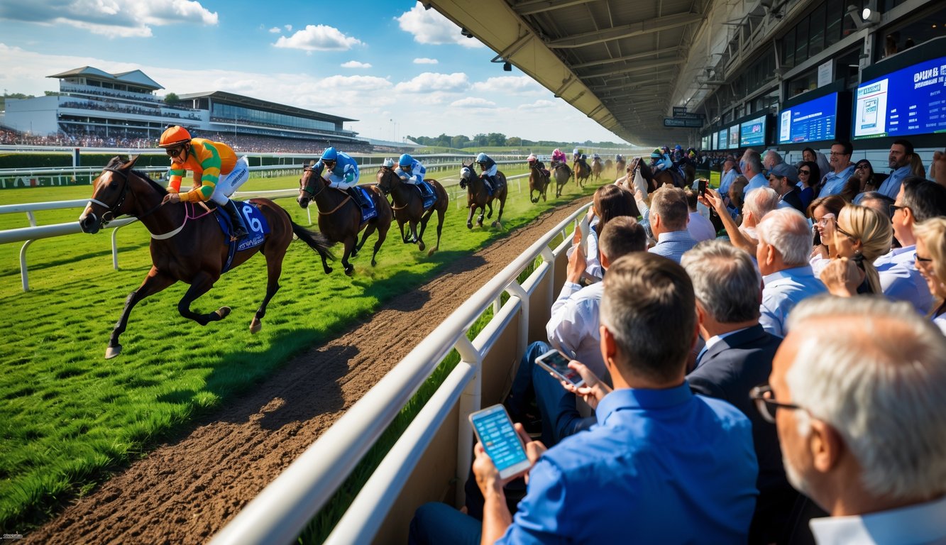 Lomba pacuan kuda dengan joki berwarna-warni sedang berlomba di lintasan, di depan penonton yang antusias mengamati dan memasang taruhan.