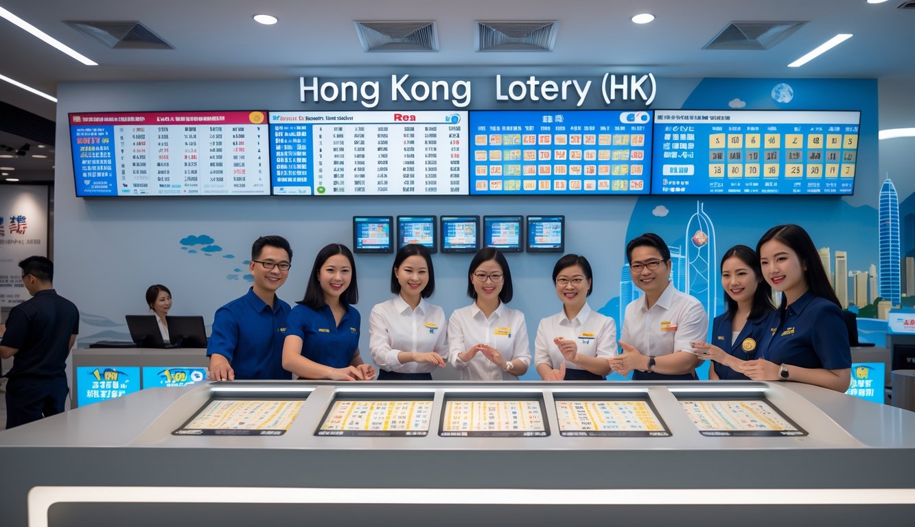 Suasana ruang layanan lotere dengan staf yang ramah membantu pelanggan di sebuah kantor modern.