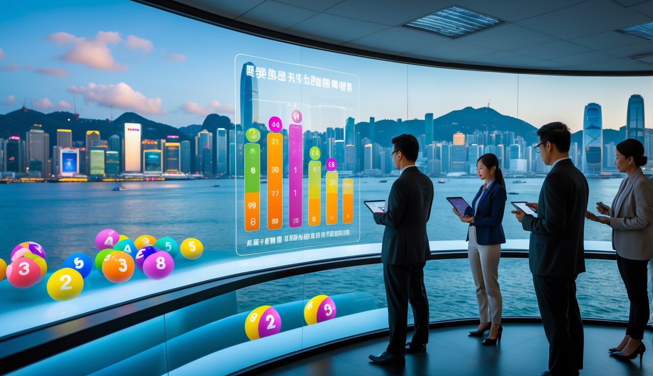 Orang-orang di kantor modern sedang melihat layar digital dengan grafik dan angka di latar belakang pemandangan kota Hong Kong saat senja.